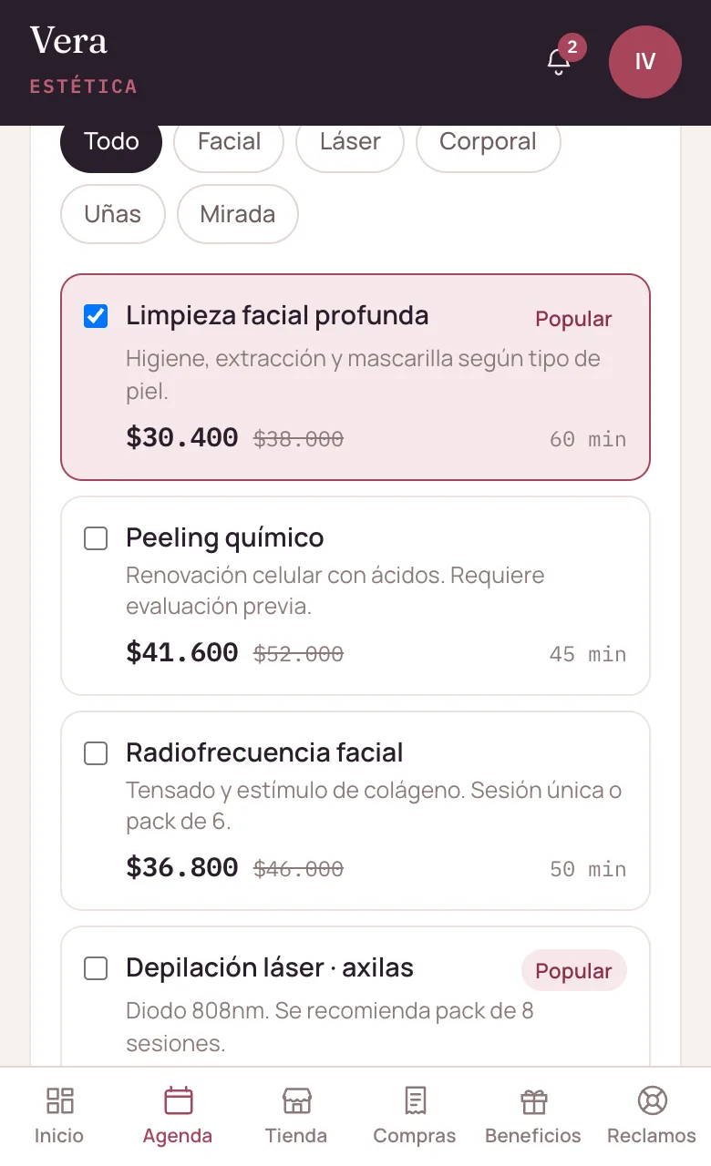 La lista de servicios con su precio, en el teléfono del cliente